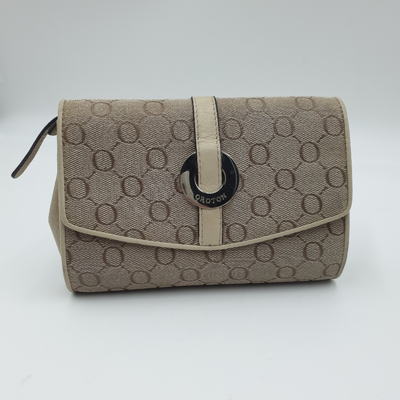 Oroton Cream/Beige Canvas Leather Cosmetic Bag Make Up Case - Picture 2 of 16